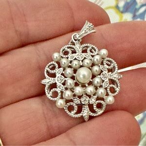 Elegant Sterling  Silver Pearl and Diamond Pendant